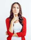 Young pretty teenage hipster girl posing emotional happy smiling on white background, lifestyle people concept Royalty Free Stock Photo