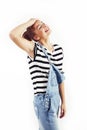 Young pretty teenage hipster girl posing emotional happy smiling on white background, lifestyle people concept Royalty Free Stock Photo