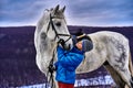 Young pretty woman in a blue jacket and a sports hat for a walk with a white horse Royalty Free Stock Photo