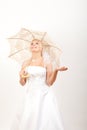 Young pretty woman bride with lace umbrella