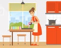 Young Pretty Woman Cooking in the Kitchen, Girl in Apron Cooking at Cozy Kitchen Interio Cartoon Vector Illustration