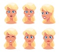 Young pretty woman, cute girl with different face expressions. Cartoon beautiful character.