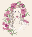 Young pretty woman. Drawn elegant girl in flowers. Romantic lady