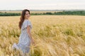 Young pretty woman in dress poses on wheat field Royalty Free Stock Photo