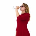 Young pretty woman drinks water Bottle or glass of spring water Royalty Free Stock Photo