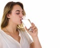 Young pretty woman drinks water Bottle or glass of spring water Royalty Free Stock Photo