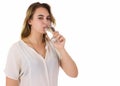 Young pretty woman drinks water Bottle or glass of spring water Royalty Free Stock Photo