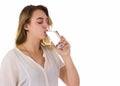 Young pretty woman drinks water Bottle or glass of spring water Royalty Free Stock Photo