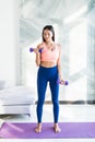 Young pretty woman is exercising with dumbbells at home. Fitness, workout, healthy living and diet concept Royalty Free Stock Photo