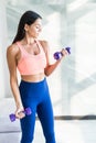 Young pretty woman is exercising with dumbbells at home. Fitness, workout, healthy living and diet concept Royalty Free Stock Photo