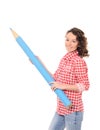 young pretty woman with giant blue pencil