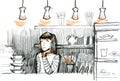 Young pretty woman, girl in bar. The girl bartender sketch. Cafe. Hand drawn illustration