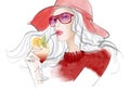 Young pretty woman with hat having a cocktail Royalty Free Stock Photo