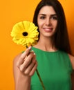 Young pretty woman hold yellow gerbera flower in green dress Royalty Free Stock Photo