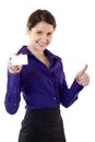 Young pretty woman holding blank business card Royalty Free Stock Photo