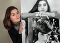 A young pretty woman holds a photo with her portraits in different ages