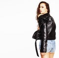 Young pretty woman in leather jacket, lifestyle hipster gir Royalty Free Stock Photo