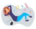 Young pretty woman lies on the floor and listens music tunes by big headphones. Girl looks joyful relaxed and happy