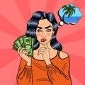 Young Pretty Woman with Money. Girl Thinking How to Spend Money. Pop Art