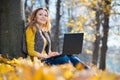 Young pretty woman in the park with laptop Royalty Free Stock Photo