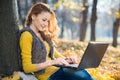 Young pretty woman in the park with laptop Royalty Free Stock Photo