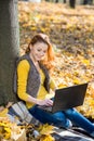 Young pretty woman in the park with laptop Royalty Free Stock Photo