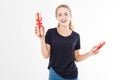 Young pretty woman portrait hold stack of gift boxes. Smiling happy girl in t-shirt on white background. Holiday, summer Royalty Free Stock Photo