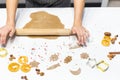 Young pretty woman prepares the dough and bakes gingerbread and cookies in the kitchen. Merry Christmas and Happy New Royalty Free Stock Photo