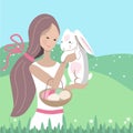Young pretty woman standing with white rabbit in green grass. Festive spring illustration can be used for Easter design templates Royalty Free Stock Photo