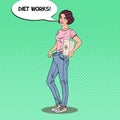 Young Pretty Woman with Weights Happy of Dieting Results. Healthy Lifestyle. Pop Art illustration