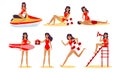 Young pretty women beach lifeguards in red swimsuites vector illustration