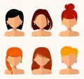 Young pretty women, pretty faces with different hairstyles, hair color. flat design