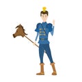 Young Prince with crown in medieval fairytale costume and toy stakes horse on a stick. Royal aristocrat character vector