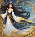 Young princess, flowing hair, admire, elegant, long flowing dress made from magical material