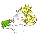 Young princess kisses unhappy green frog. Frog does not want to kiss the girl.