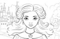 Young princess portrait coloring page. Outline black ink drawing antistress coloring book castle isolated on white