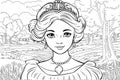 Young princess portrait coloring page. Outline black ink drawing antistress coloring book forest isolated on white