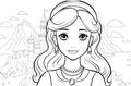 Young princess portrait coloring page. Outline black ink drawing antistress coloring book mountain forest isolated on