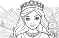 Young princess portrait coloring page. Outline black ink drawing antistress coloring book mountain forest isolated on