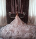 The young princess stands in the Gothic room on the background of a very old piano. The girl has a crown and a luxurious