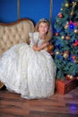 Young princess in a white dress with a tiara on her head at the Christmas tree Royalty Free Stock Photo