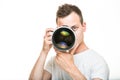 Young pro photographer with digital camera Royalty Free Stock Photo