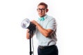 Photographer in his studio setting up lights for the upcoming photoshoot Royalty Free Stock Photo