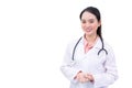 Young professional Asian woman doctor in medical uniform is standing smiling confidently holding hands while working isolated on Royalty Free Stock Photo