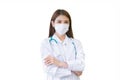 Young professional Asian woman doctor wears medical coat and face mask while arm crossed while working at hospital while isolated Royalty Free Stock Photo