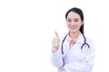 Young professional Asian woman doctor who wears medical uniform is showing hand as thump up while working isolated on white Royalty Free Stock Photo