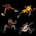 Young professional basketball player in action, motion isolated on black background, look from the bottom. Concept of Royalty Free Stock Photo