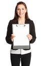 Smiling businesswoman with clipboard