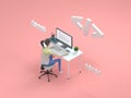 Young professional female programmer is working at a computer. Isometric 3d render, illustration for web page design. Royalty Free Stock Photo