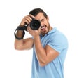 Young professional  taking picture on white background Royalty Free Stock Photo